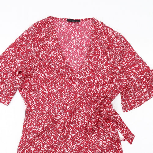 Wednesday's Girl Womens Red Polka Dot Polyester Wrap Dress Size S V-Neck Tie