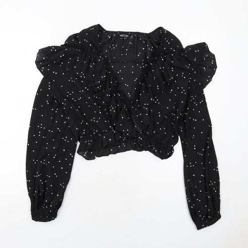 Nasty Gal Womens Black Geometric Polyester Cropped Blouse Size 10 V-Neck - Heart Pattern