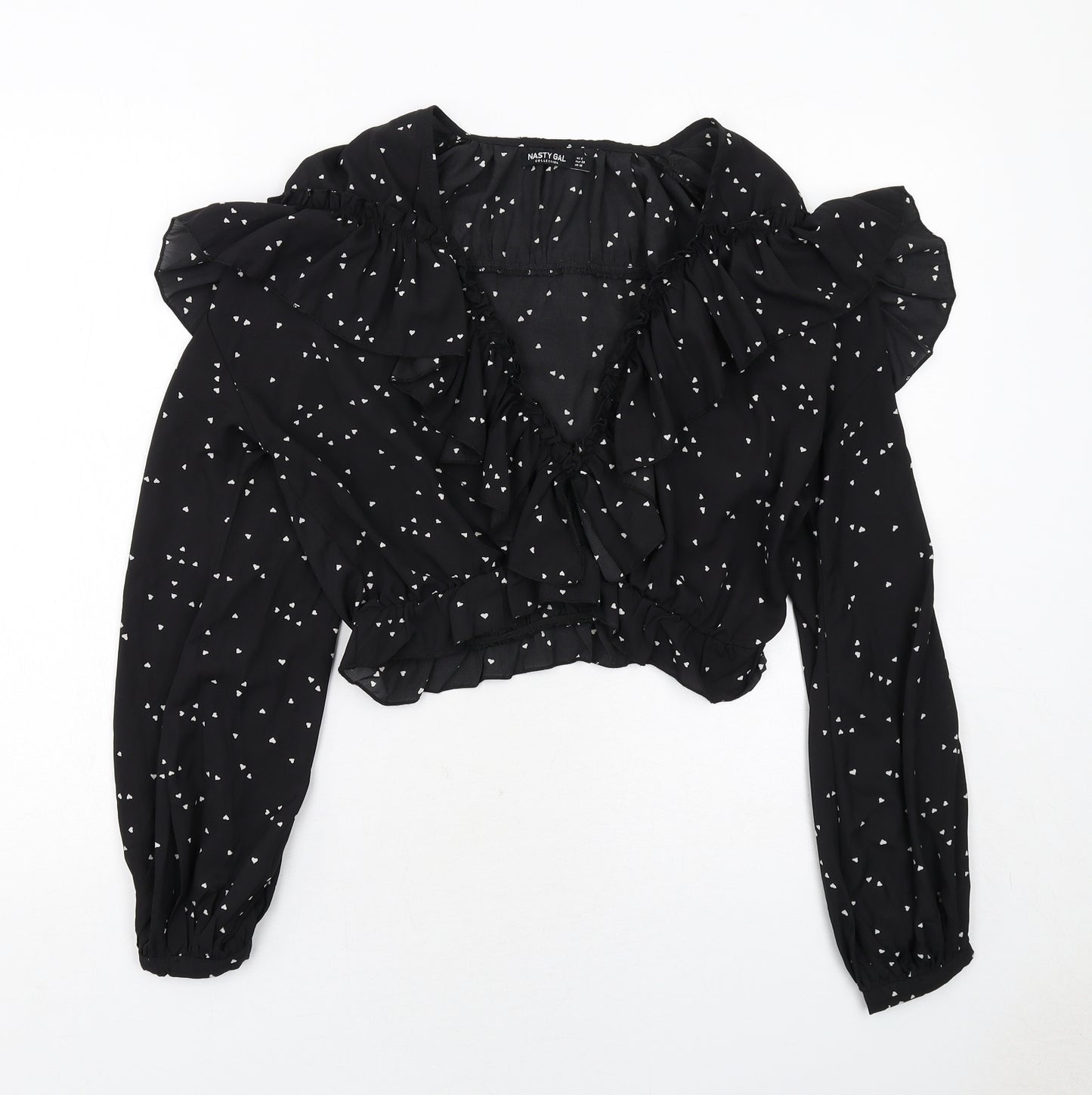 Nasty Gal Womens Black Geometric Polyester Cropped Blouse Size 10 V-Neck - Heart Pattern