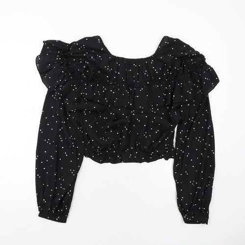 Nasty Gal Womens Black Geometric Polyester Cropped Blouse Size 10 V-Neck - Heart Pattern
