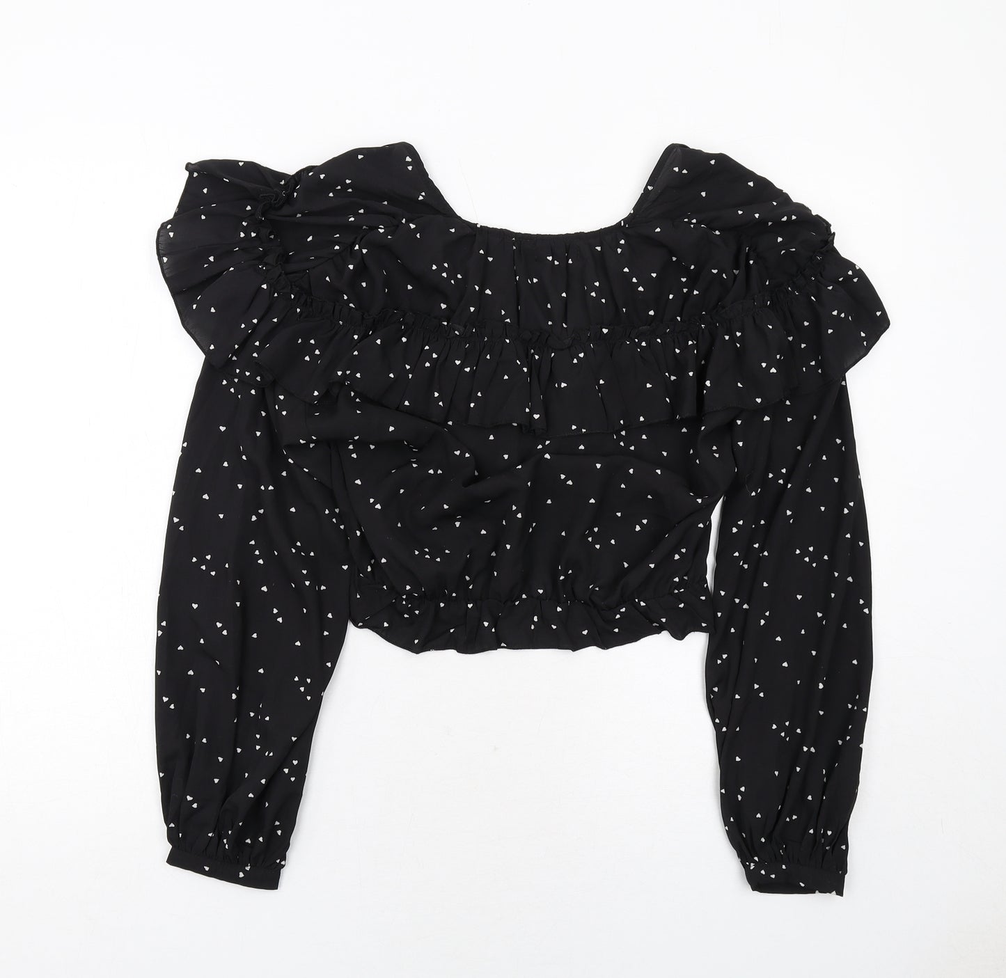 Nasty Gal Womens Black Geometric Polyester Cropped Blouse Size 10 V-Neck - Heart Pattern
