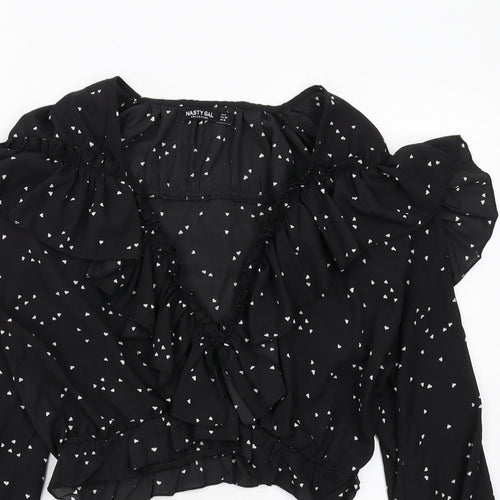 Nasty Gal Womens Black Geometric Polyester Cropped Blouse Size 10 V-Neck - Heart Pattern
