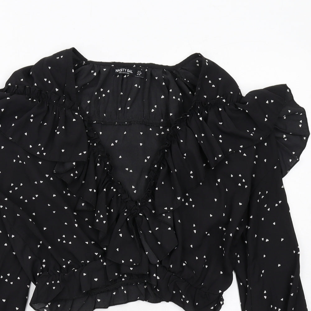 Nasty Gal Womens Black Geometric Polyester Cropped Blouse Size 10 V-Neck - Heart Pattern