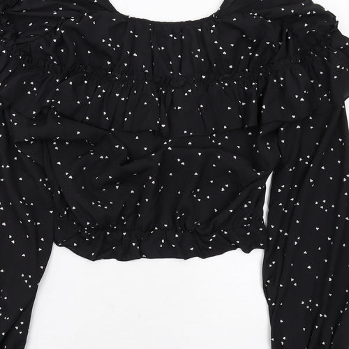 Nasty Gal Womens Black Geometric Polyester Cropped Blouse Size 10 V-Neck - Heart Pattern