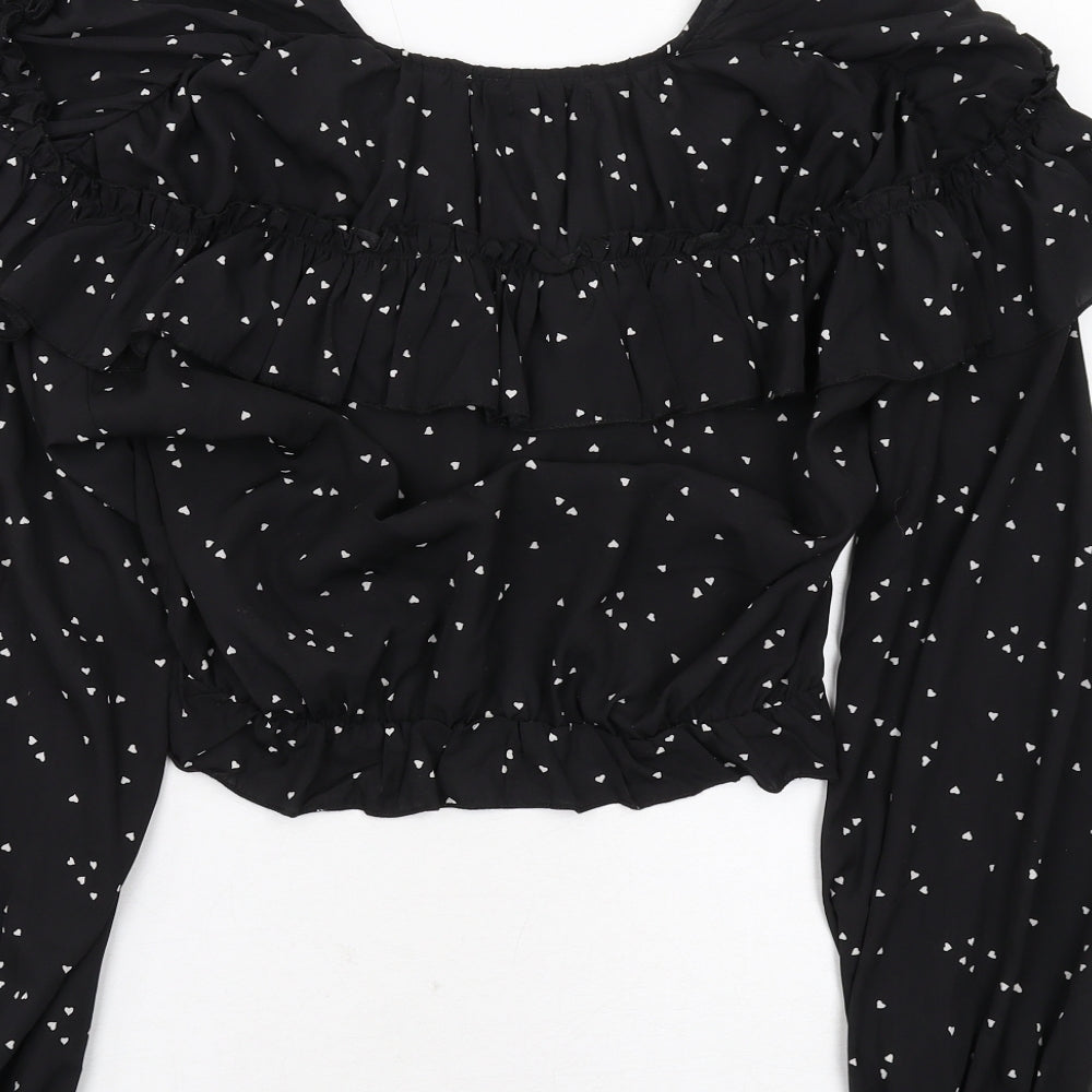 Nasty Gal Womens Black Geometric Polyester Cropped Blouse Size 10 V-Neck - Heart Pattern
