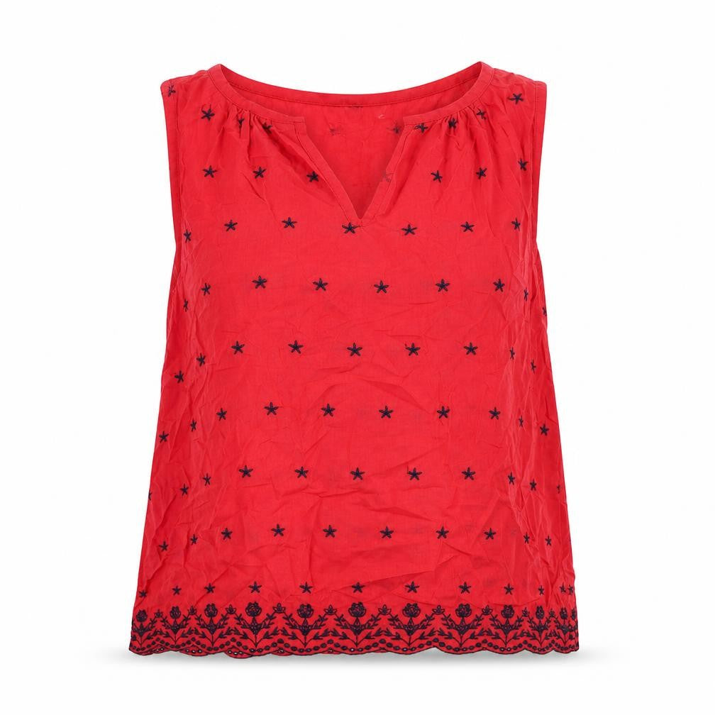 Front view of Gap women’s red geometric cotton basic blouse, size S, v-neck