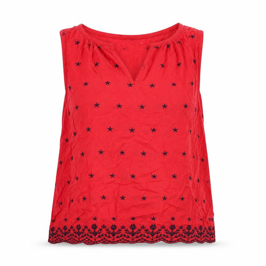 Front view of Gap women’s red geometric cotton basic blouse, size S, v-neck