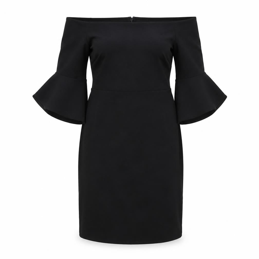 Front view of H&M women’s black polyester shift, size M, off the shoulder zip