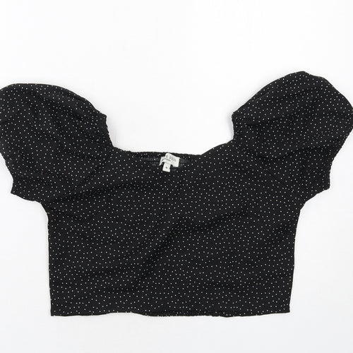 Brave Soul Womens Black Polka Dot Polyester Cropped Blouse Size M V-Neck - Puff Sleeve
