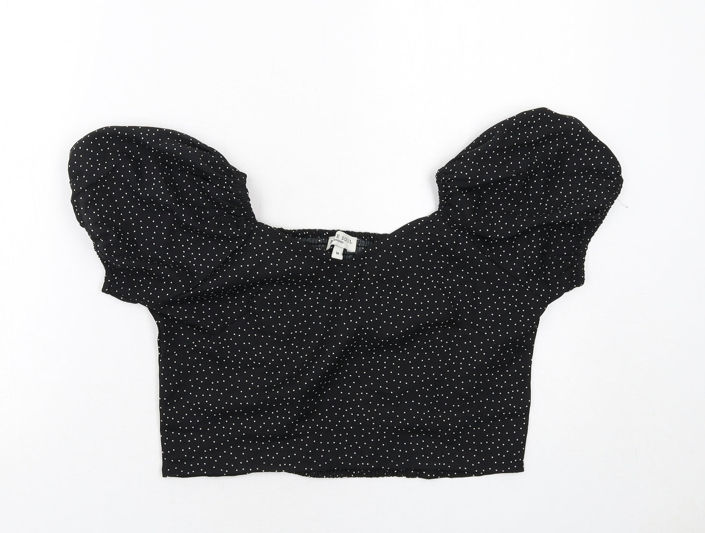 Brave Soul Womens Black Polka Dot Polyester Cropped Blouse Size M V-Neck - Puff Sleeve