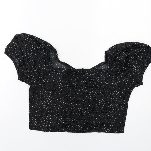 Brave Soul Womens Black Polka Dot Polyester Cropped Blouse Size M V-Neck - Puff Sleeve