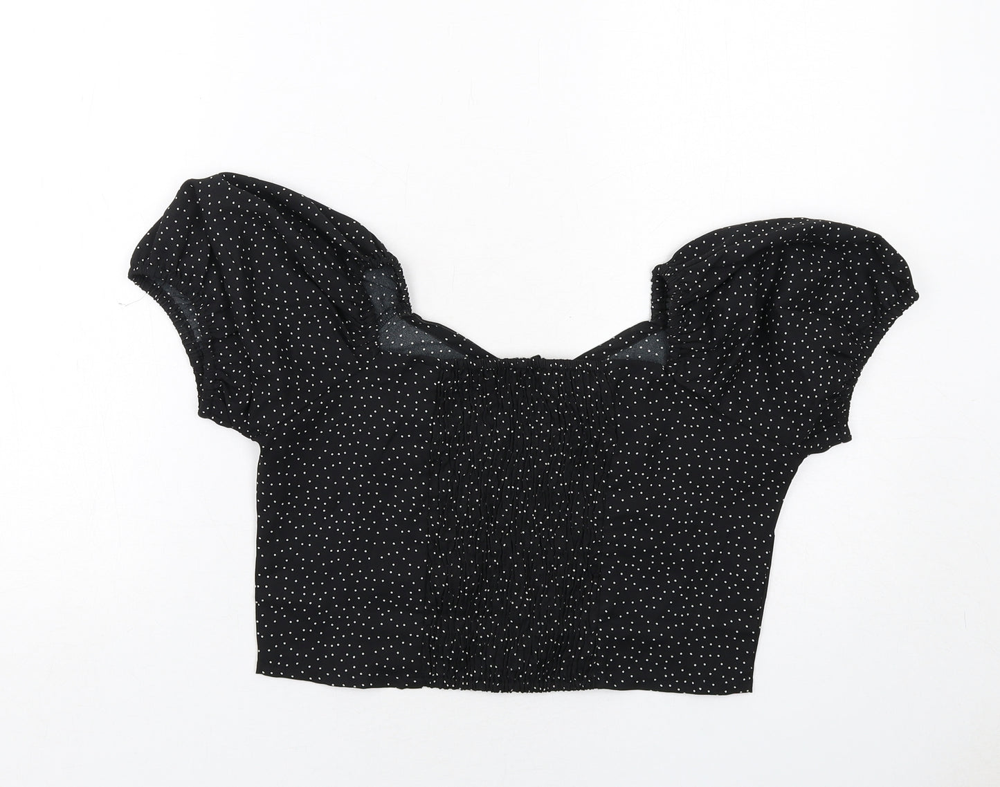 Brave Soul Womens Black Polka Dot Polyester Cropped Blouse Size M V-Neck - Puff Sleeve