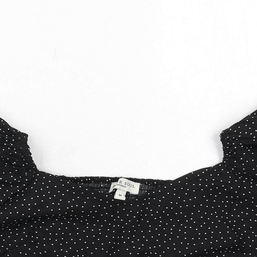 Brave Soul Womens Black Polka Dot Polyester Cropped Blouse Size M V-Neck - Puff Sleeve