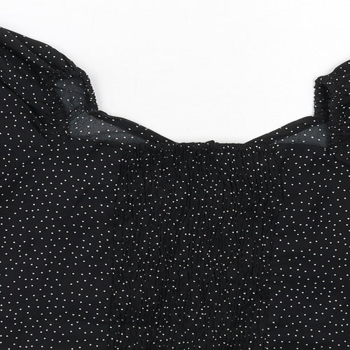 Brave Soul Womens Black Polka Dot Polyester Cropped Blouse Size M V-Neck - Puff Sleeve
