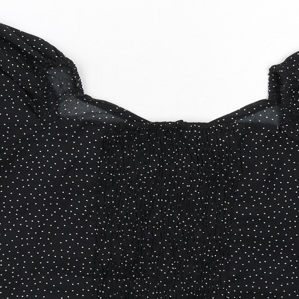 Brave Soul Womens Black Polka Dot Polyester Cropped Blouse Size M V-Neck - Puff Sleeve