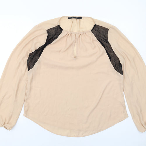 Zara Womens Beige Polyester Basic Blouse Size XL Round Neck