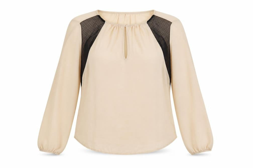 Front view of Zara women’s beige polyester basic blouse, size XL, round neck
