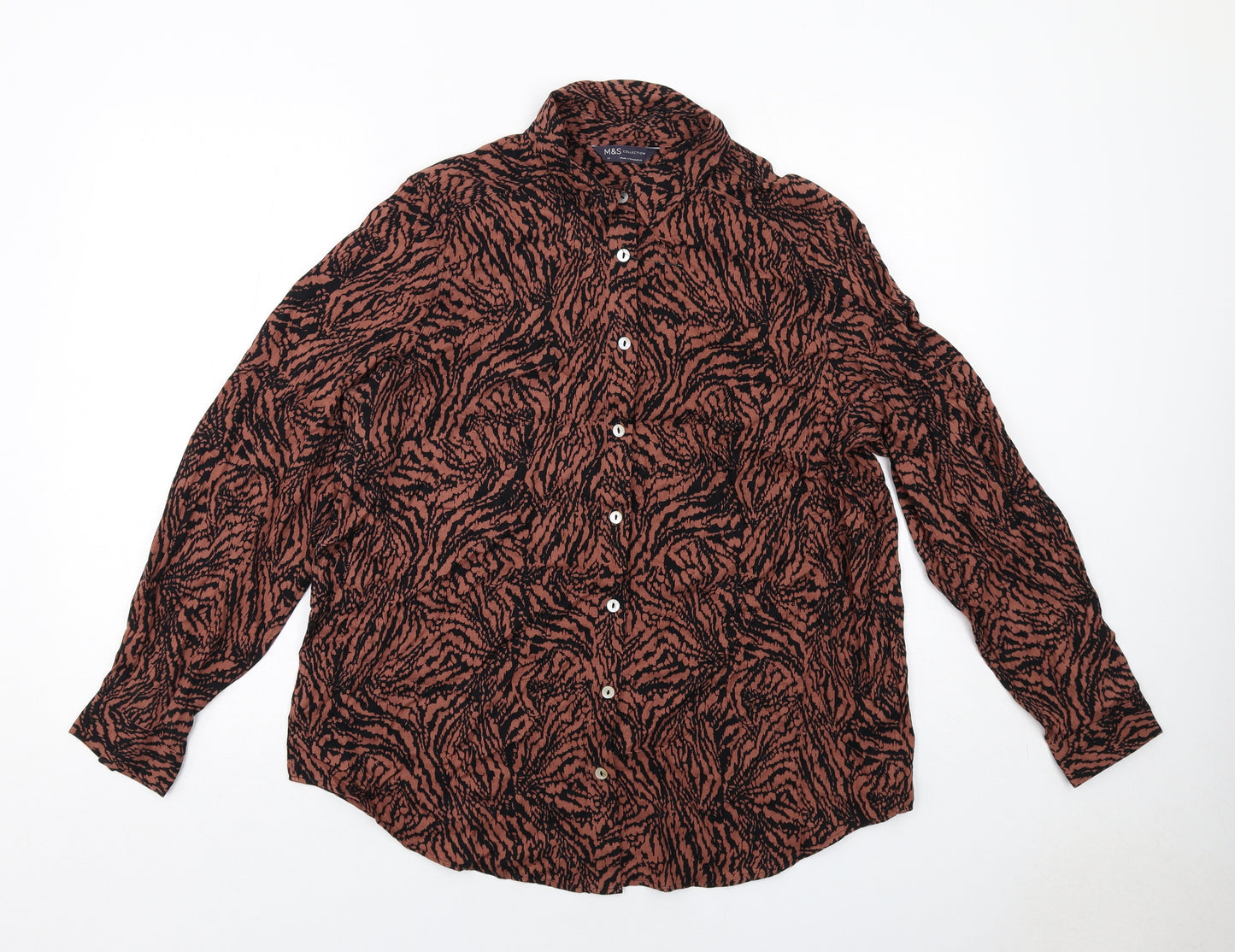 Marks and Spencer Womens Brown Animal Print Viscose Basic Button-Up Size 14 Collared