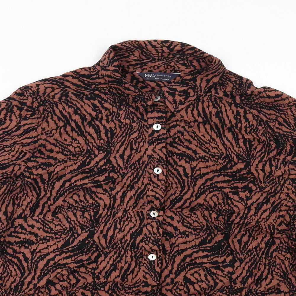 Marks and Spencer Womens Brown Animal Print Viscose Basic Button-Up Size 14 Collared