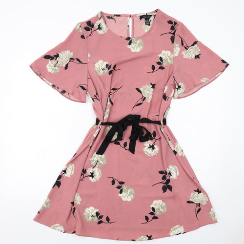 New Look Womens Pink Floral Polyester A-Line Size 14 Round Neck Button