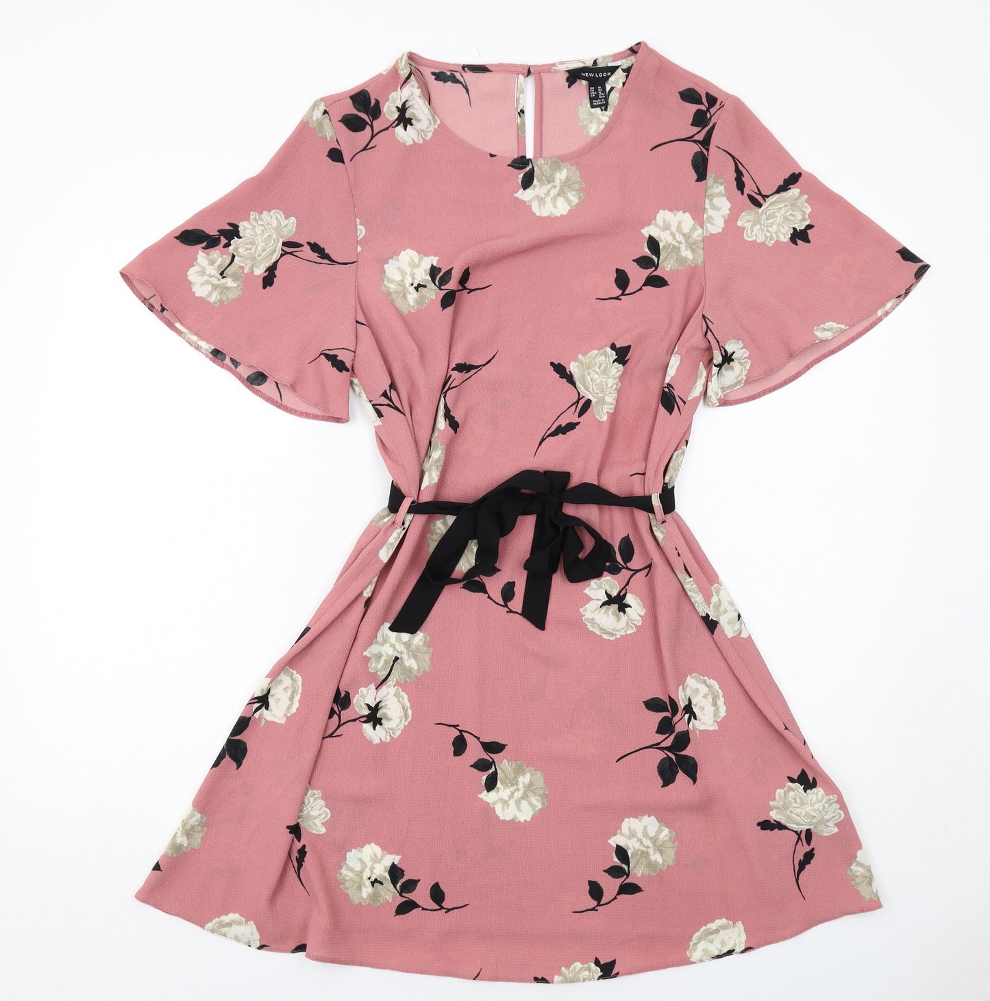 New Look Womens Pink Floral Polyester A-Line Size 14 Round Neck Button