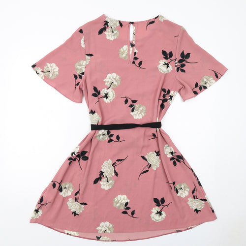 New Look Womens Pink Floral Polyester A-Line Size 14 Round Neck Button