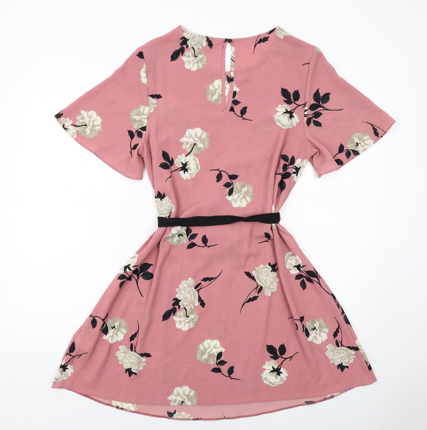 New Look Womens Pink Floral Polyester A-Line Size 14 Round Neck Button
