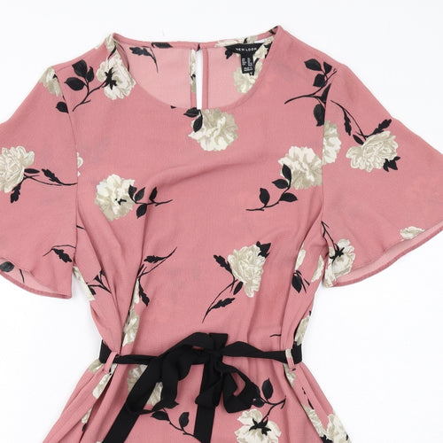 New Look Womens Pink Floral Polyester A-Line Size 14 Round Neck Button