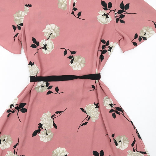 New Look Womens Pink Floral Polyester A-Line Size 14 Round Neck Button