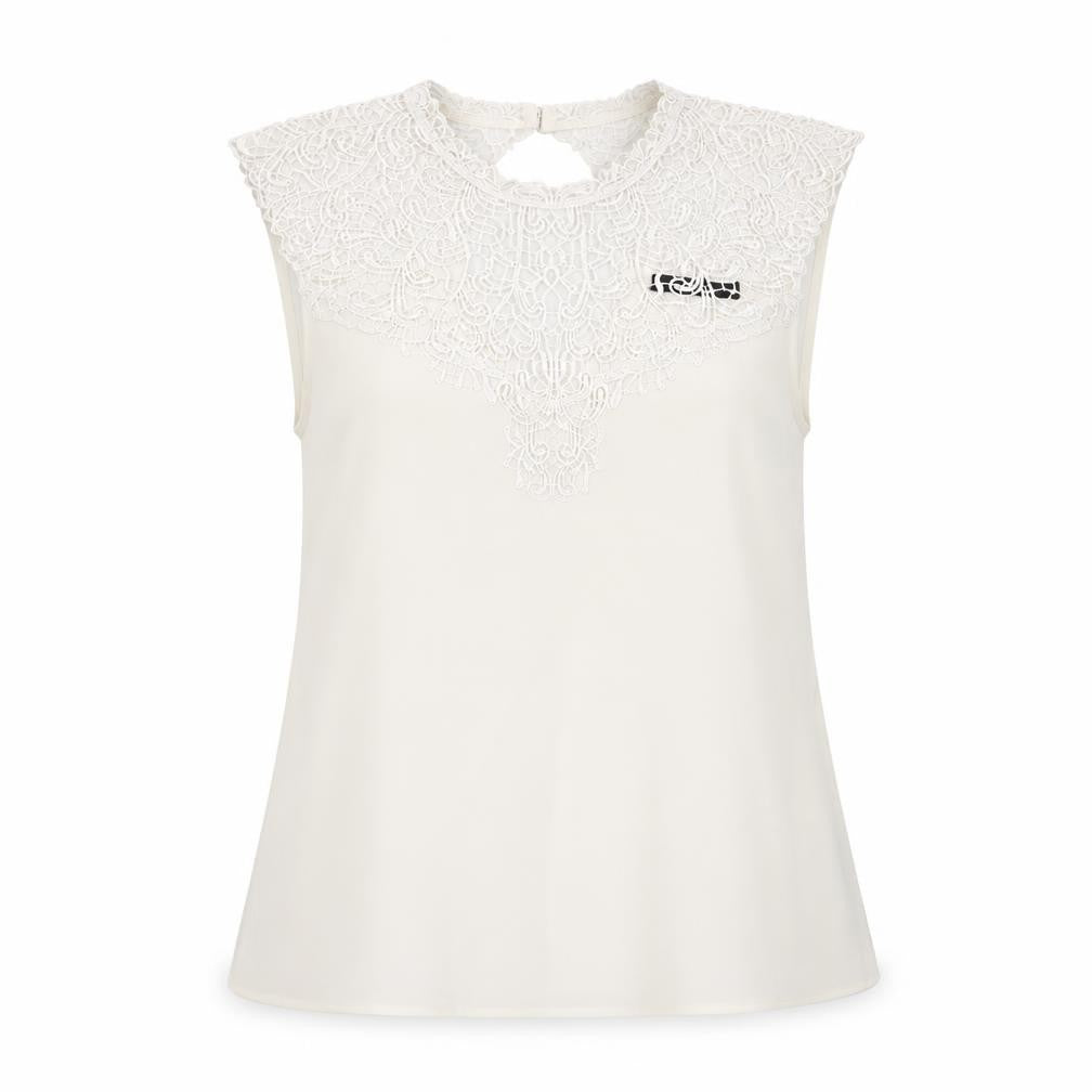 Front view of Oasis women’s ivory polyester basic tank, size UK 12, round neck - lace details