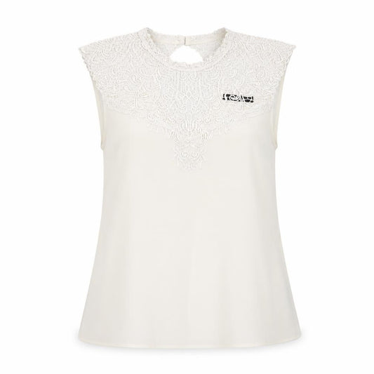 Front view of Oasis women’s ivory polyester basic tank, size UK 12, round neck - lace details