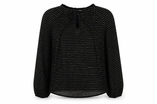 Front view of Per Una women’s black striped viscose basic blouse, size UK 6, v-neck