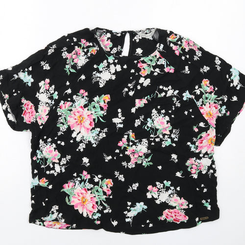 Marks and Spencer Womens Black Floral Viscose Basic Blouse Size 14 Round Neck