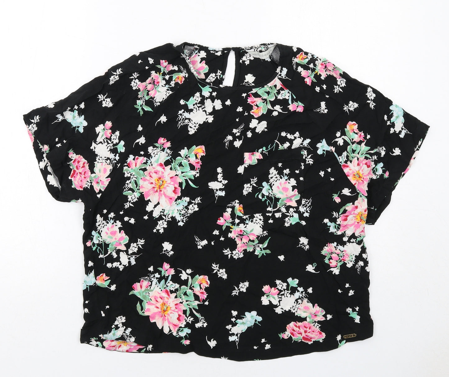 Marks and Spencer Womens Black Floral Viscose Basic Blouse Size 14 Round Neck