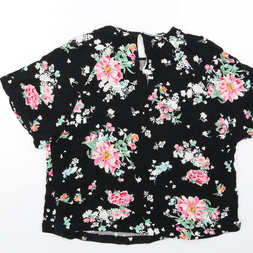 Marks and Spencer Womens Black Floral Viscose Basic Blouse Size 14 Round Neck