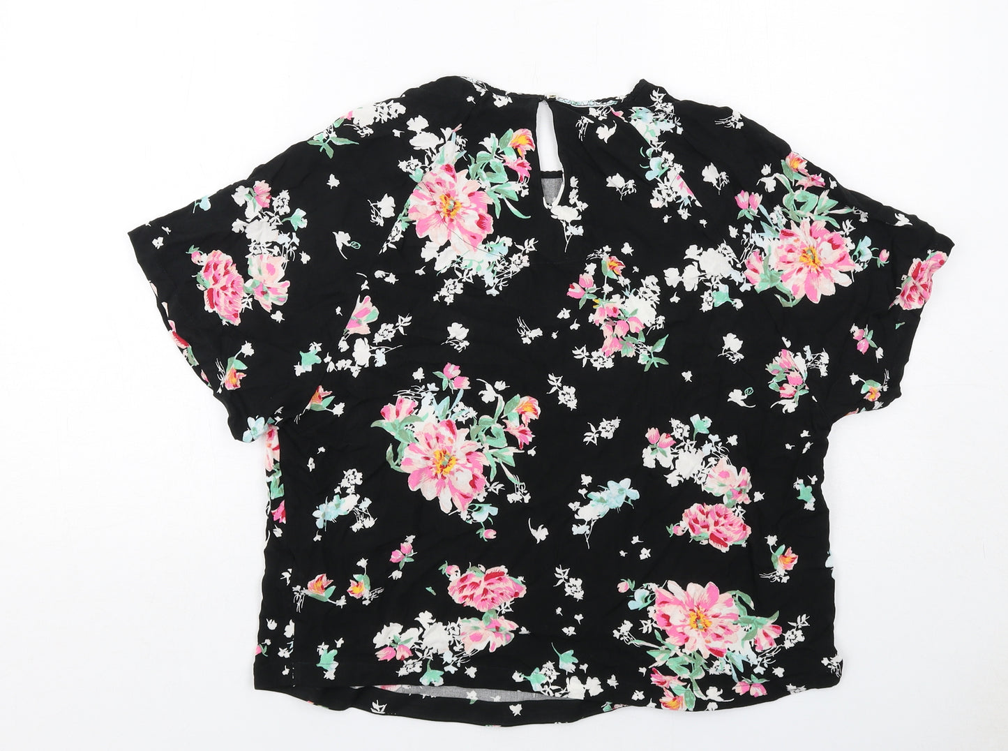 Marks and Spencer Womens Black Floral Viscose Basic Blouse Size 14 Round Neck