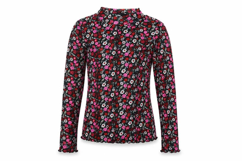 Front view of Marks & Spencer girls’ black floral polyester basic t-shirt, size 10-11, years mock neck pullover