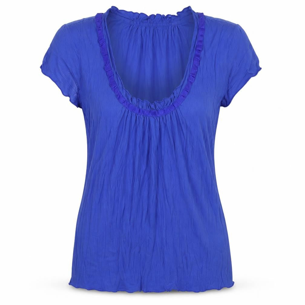 Front view of Motto women’s blue polyester basic t-shirt, size UK 10, scoop neck