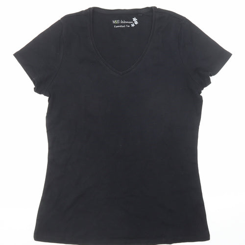 Marks and Spencer Womens Black Cotton Basic T-Shirt Size 16 V-Neck