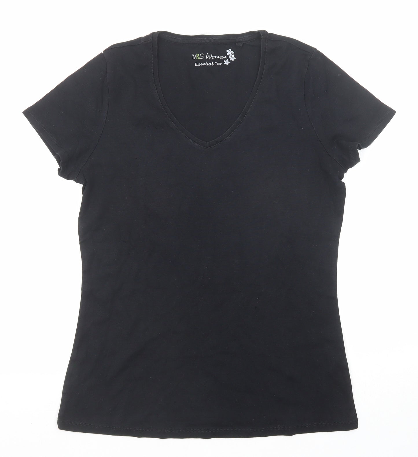 Marks and Spencer Womens Black Cotton Basic T-Shirt Size 16 V-Neck