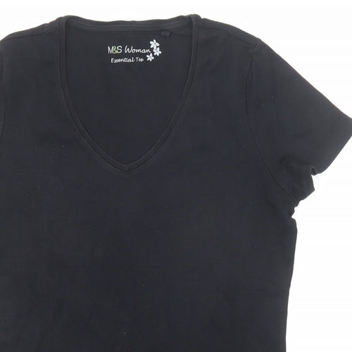 Marks and Spencer Womens Black Cotton Basic T-Shirt Size 16 V-Neck