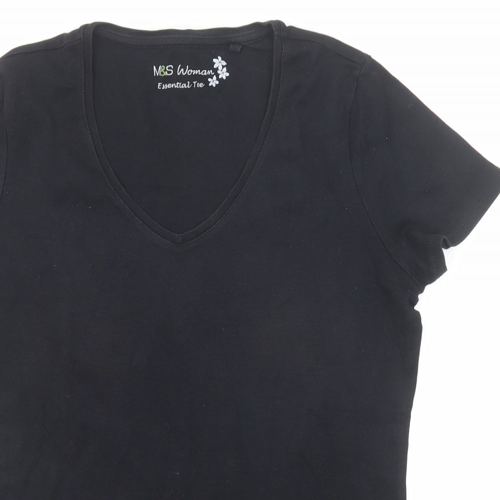 Marks and Spencer Womens Black Cotton Basic T-Shirt Size 16 V-Neck