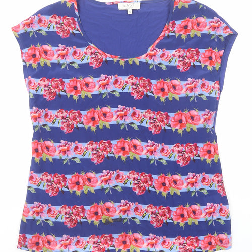 EAST Womens Blue Floral Silk Basic T-Shirt Size S Scoop Neck