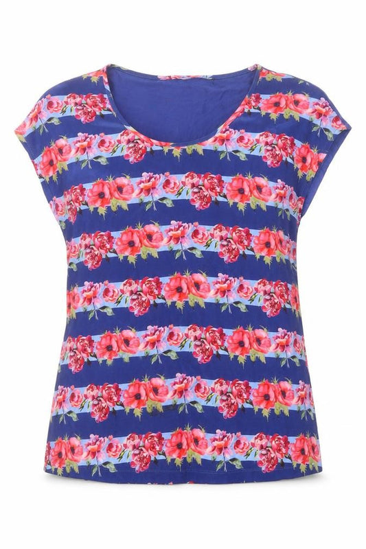 Front view of East women’s blue floral silk basic t-shirt, size S, scoop neck