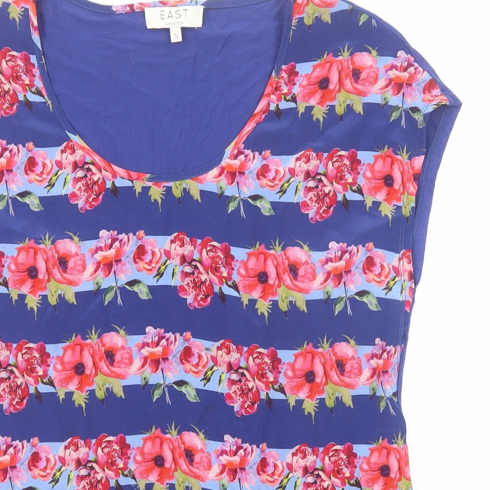 EAST Womens Blue Floral Silk Basic T-Shirt Size S Scoop Neck