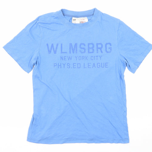 H&M Boys Blue Cotton Basic T-Shirt Size 13-14 Years Round Neck Pullover - New York City