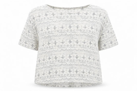 Front view of New Look women’s grey round neck geometric acrylic jumper, size UK 18
