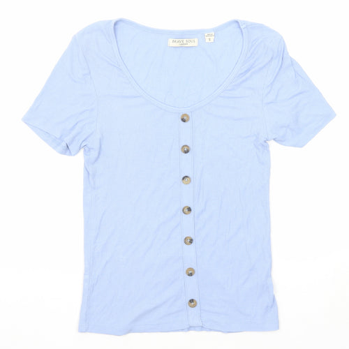 Brave Soul Womens Blue Polyester Basic T-Shirt Size S Scoop Neck