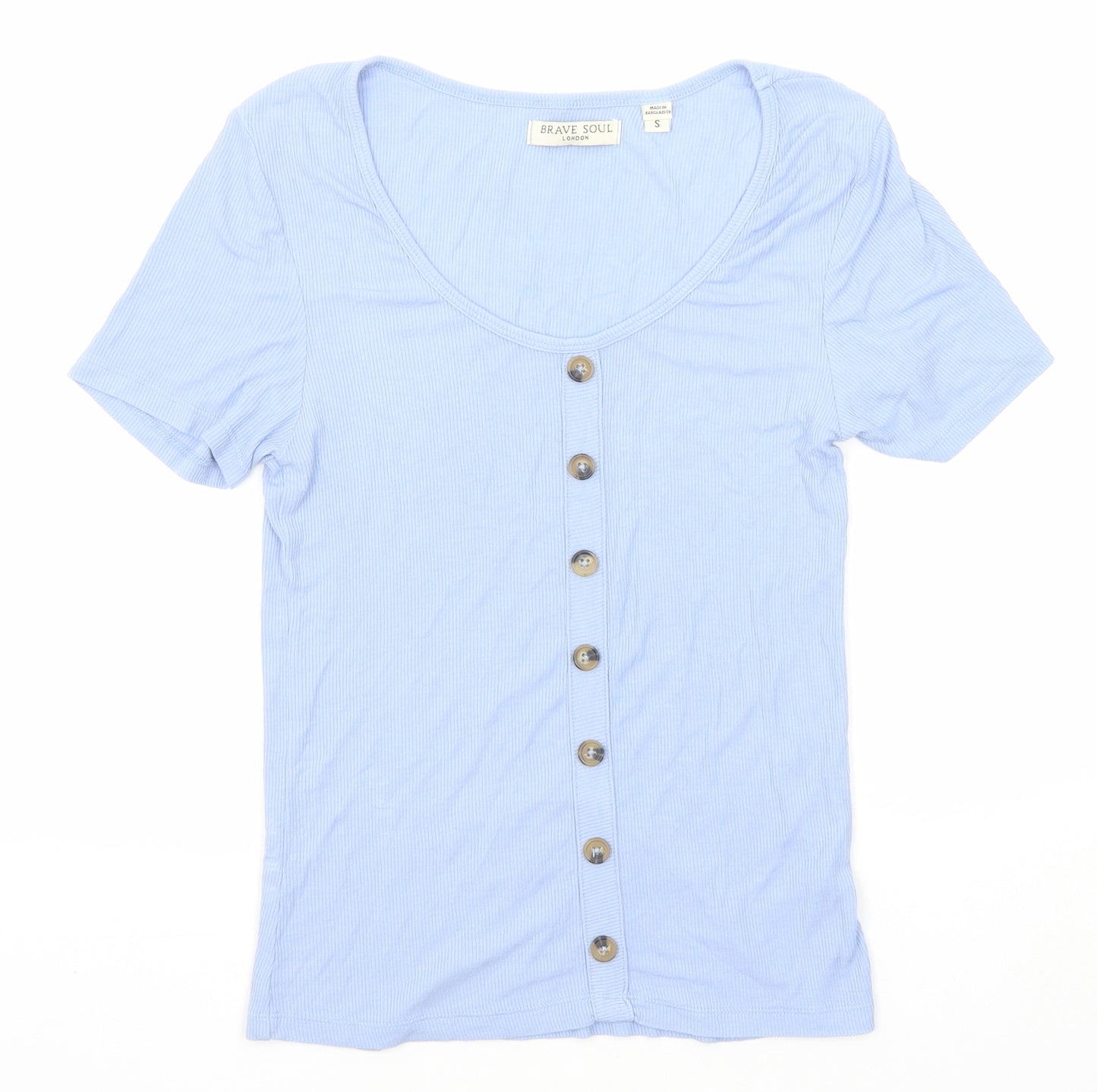 Brave Soul Womens Blue Polyester Basic T-Shirt Size S Scoop Neck