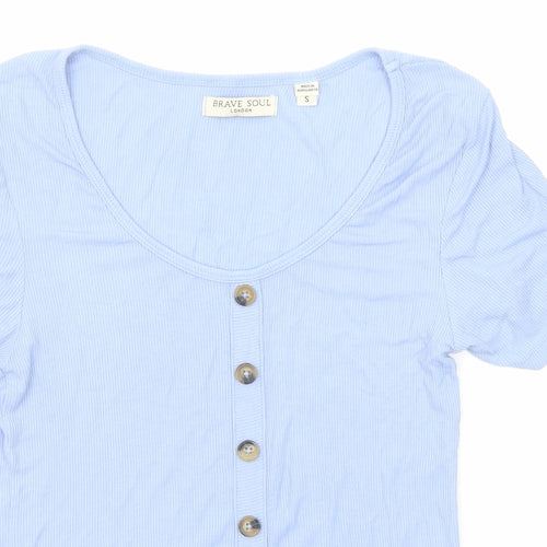 Brave Soul Womens Blue Polyester Basic T-Shirt Size S Scoop Neck